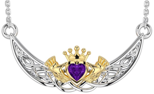 Amethyst White Yellow Gold Celtic Claddagh Necklace