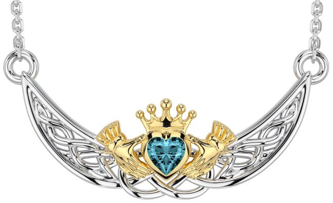 Aquamarine White Yellow Gold Celtic Claddagh Necklace