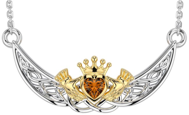 Citrine White Yellow Gold Celtic Claddagh Necklace