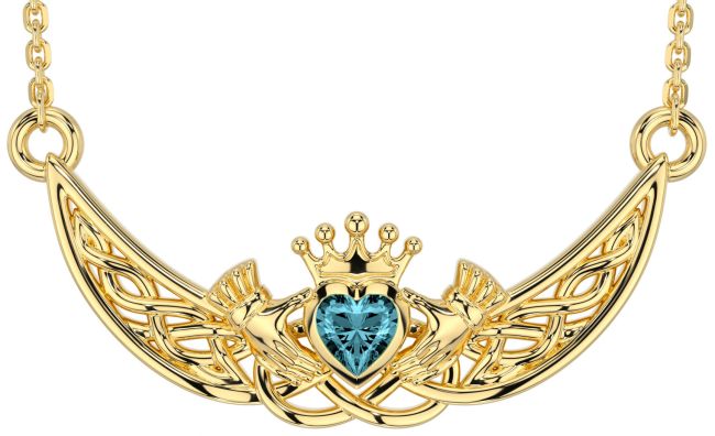 Aquamarine Gold Celtic Claddagh Necklace