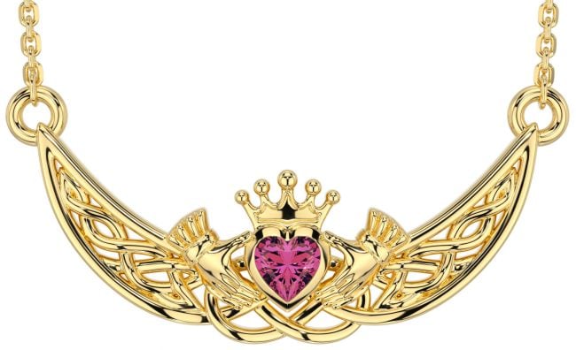 Pink Tourmaline Gold Celtic Claddagh Necklace