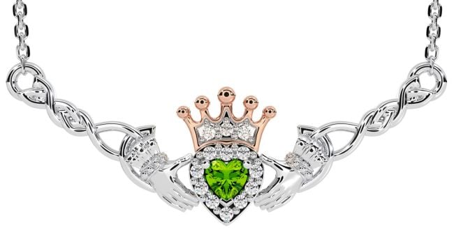 Peridot Rose Gold Silver Celtic Claddagh Necklace