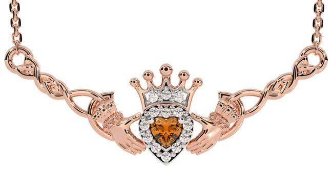 Citrine Rose Gold Silver Celtic Claddagh Necklace