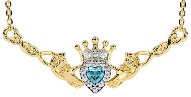 Aquamarine Gold Silver Celtic Claddagh Necklace