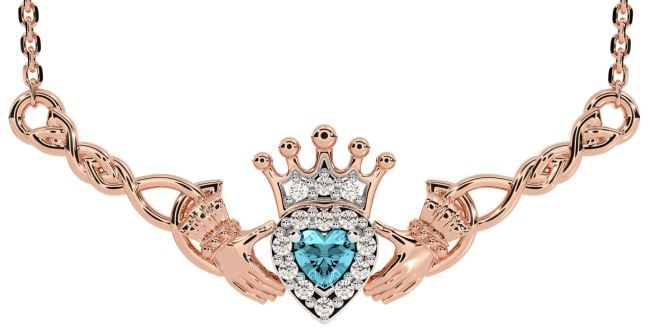 Aquamarine Rose Gold Celtic Claddagh Necklace