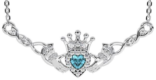 Aquamarine Silver Celtic Claddagh Necklace