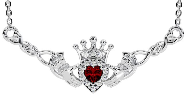 Garnet Silver Celtic Claddagh Necklace