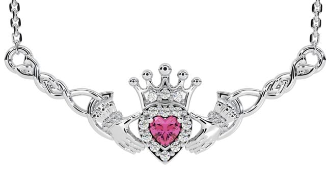 Pink Tourmaline Silver Celtic Claddagh Necklace