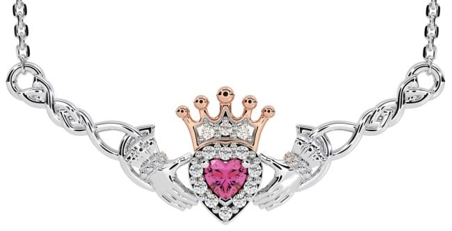 Pink Tourmaline Rose Gold Silver Celtic Claddagh Necklace