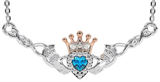 Topaz Rose Gold Silver Celtic Claddagh Necklace