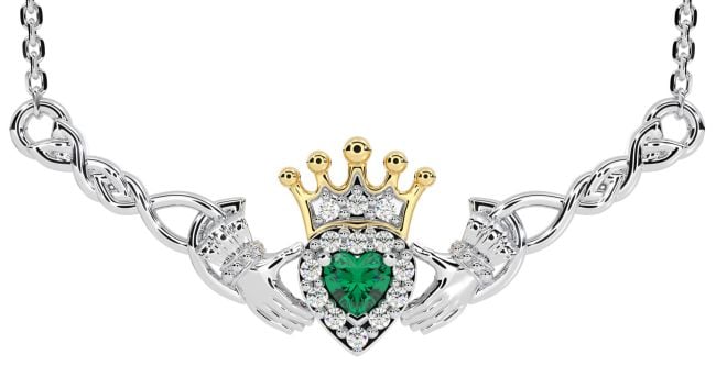 Emerald Gold Silver Celtic Claddagh Necklace