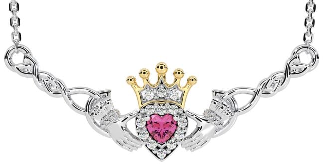 Pink Tourmaline Gold Silver Celtic Claddagh Necklace