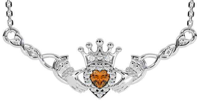 Citrine White Gold Celtic Claddagh Necklace