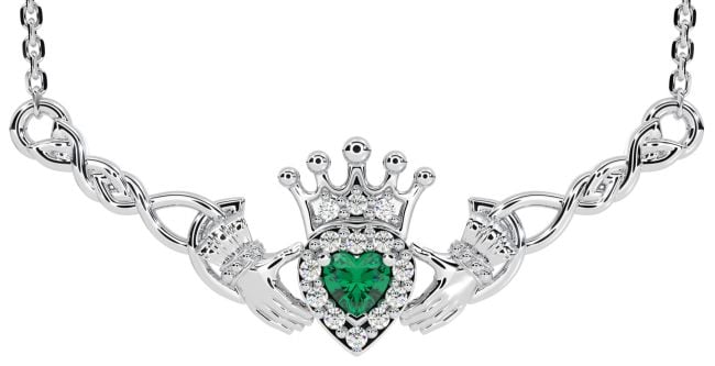 Emerald White Gold Celtic Claddagh Necklace