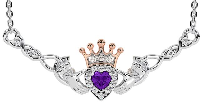 Amethyst White Rose Gold Celtic Claddagh Necklace