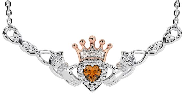 Citrine White Rose Gold Celtic Claddagh Necklace