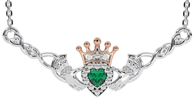 Emerald White Rose Gold Celtic Claddagh Necklace