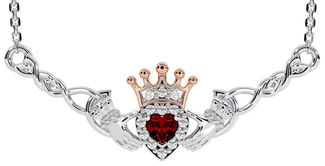 Garnet White Rose Gold Celtic Claddagh Necklace