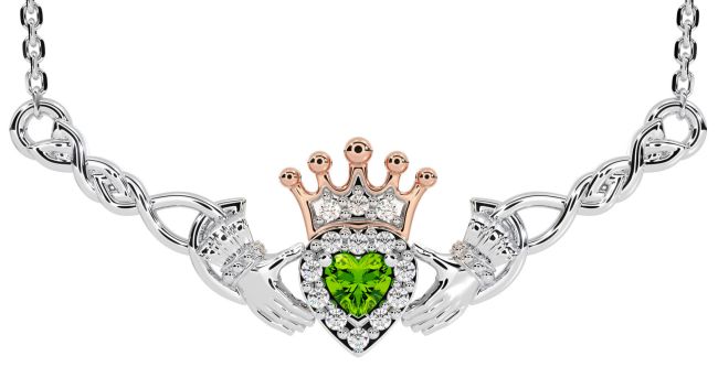 Peridot White Rose Gold Celtic Claddagh Necklace