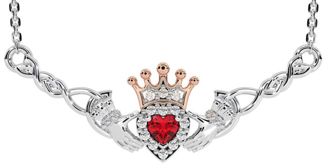 Ruby White Rose Gold Celtic Claddagh Necklace