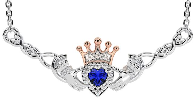 Sapphire White Rose Gold Celtic Claddagh Necklace