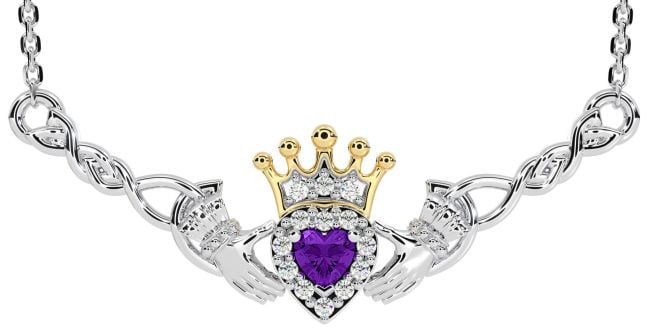 Amethyst White Yellow Gold Celtic Claddagh Necklace