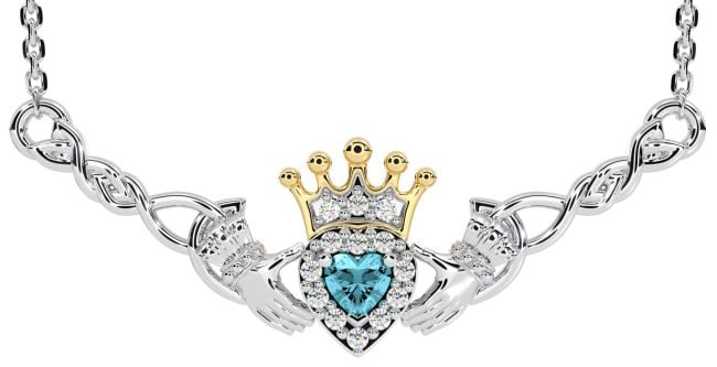 Aquamarine White Yellow Gold Celtic Claddagh Necklace