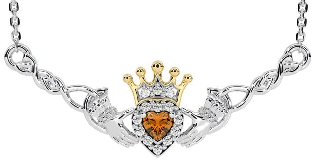 Citrine White Yellow Gold Celtic Claddagh Necklace