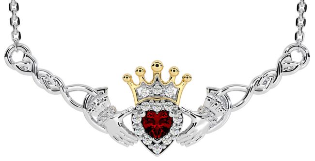 Garnet White Yellow Gold Celtic Claddagh Necklace