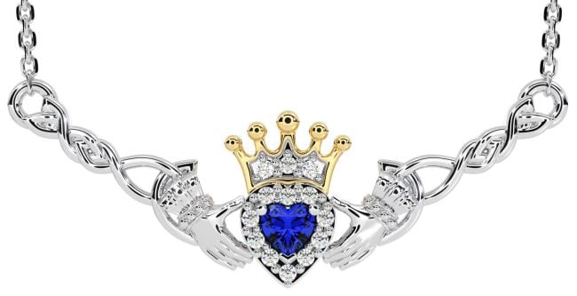 Sapphire White Yellow Gold Celtic Claddagh Necklace