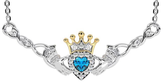 Topaz White Yellow Gold Celtic Claddagh Necklace