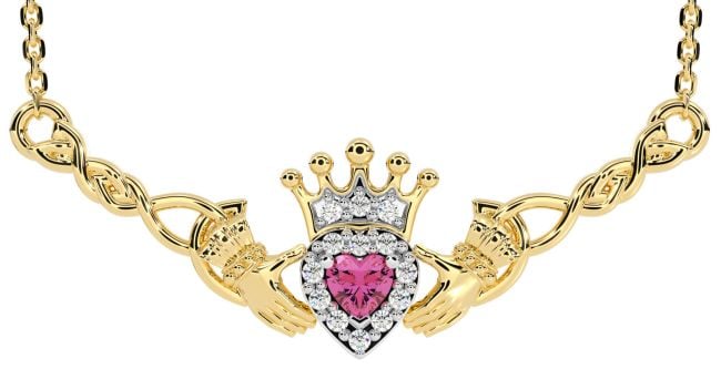 Pink Tourmaline Gold Celtic Claddagh Necklace