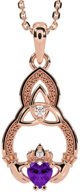 Diamond Amethyst Rose Gold Silver Claddagh Celtic Trinity Knot Necklace