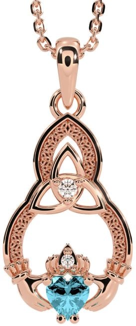Diamond Aquamarine Rose Gold Silver Claddagh Celtic Trinity Knot Necklace