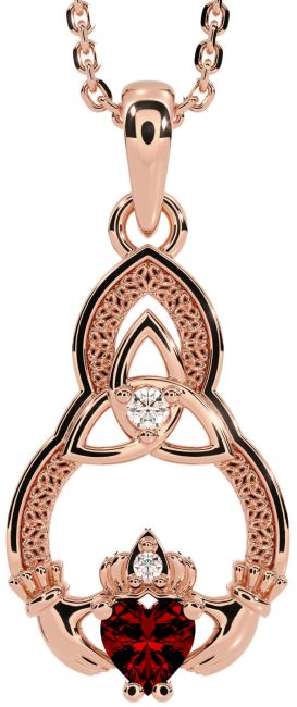 Diamond Garnet Rose Gold Silver Claddagh Celtic Trinity Knot Necklace