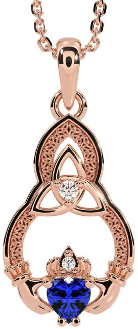 Diamond Sapphire Rose Gold Silver Claddagh Celtic Trinity Knot Necklace