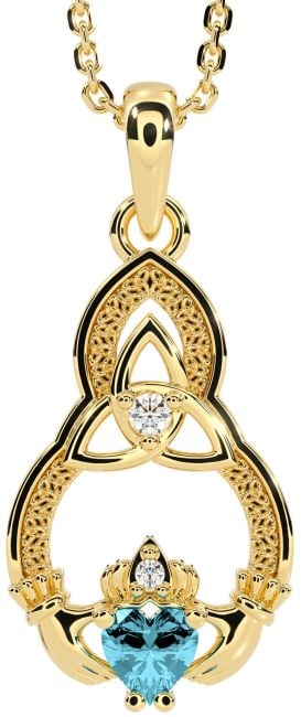 Diamond Aquamarine Gold Silver Claddagh Celtic Trinity Knot Necklace