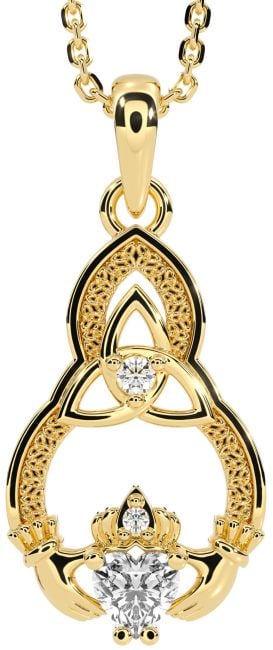 Diamond Gold Silver Claddagh Celtic Trinity Knot Necklace