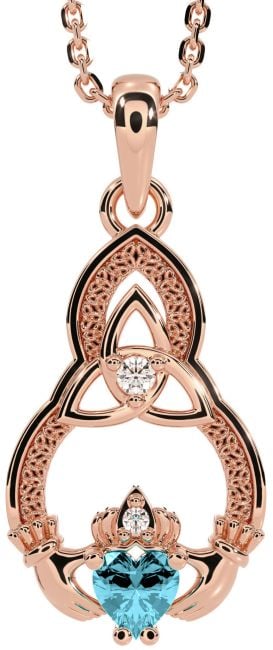 Diamond Aquamarine Rose Gold Claddagh Celtic Trinity Knot Necklace