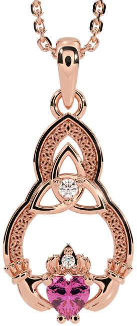 Diamond Pink Tourmaline Rose Gold Claddagh Celtic Trinity Knot Necklace