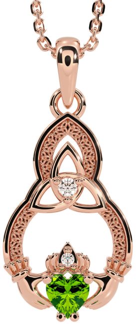 Diamond Peridot Rose Gold Claddagh Celtic Trinity Knot Necklace