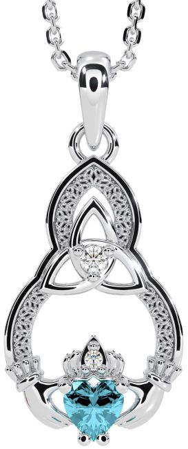 Diamond Aquamarine White Gold Claddagh Celtic Trinity Knot Necklace