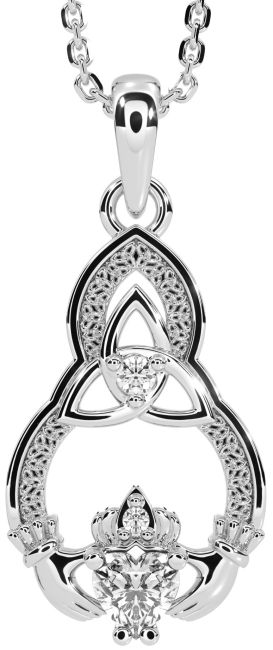 Diamond White Gold Claddagh Celtic Trinity Knot Necklace