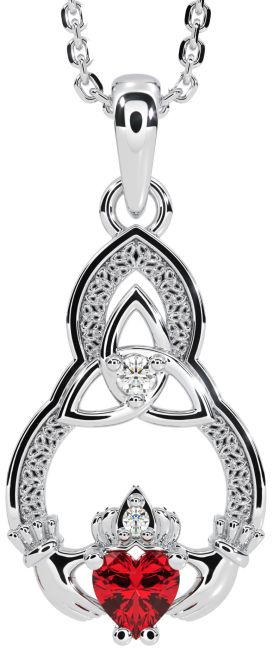 Diamond Ruby White Gold Claddagh Celtic Trinity Knot Necklace