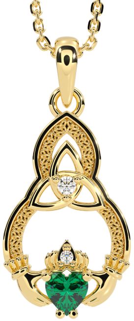 Diamond Emerald Gold Claddagh Celtic Trinity Knot Necklace