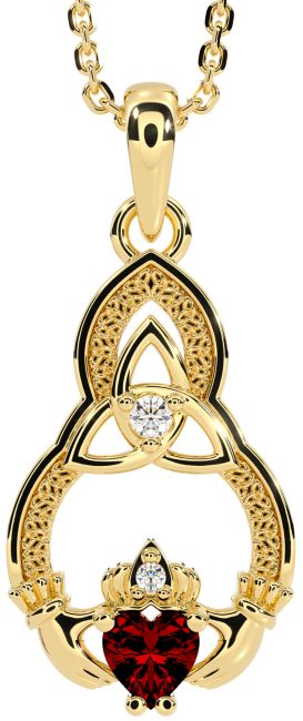 Diamond Garnet Gold Claddagh Celtic Trinity Knot Necklace