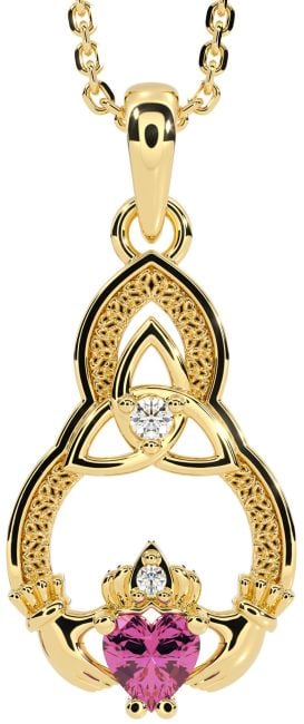Diamond Pink Tourmaline Gold Claddagh Celtic Trinity Knot Necklace