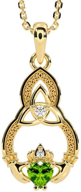 Diamond Peridot Gold Claddagh Celtic Trinity Knot Necklace