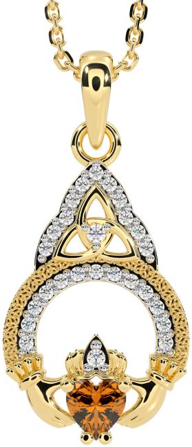 Diamond Citrine Gold Silver Claddagh Celtic Trinity Knot Necklace