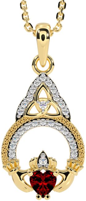 Diamond Garnet Gold Silver Claddagh Celtic Trinity Knot Necklace